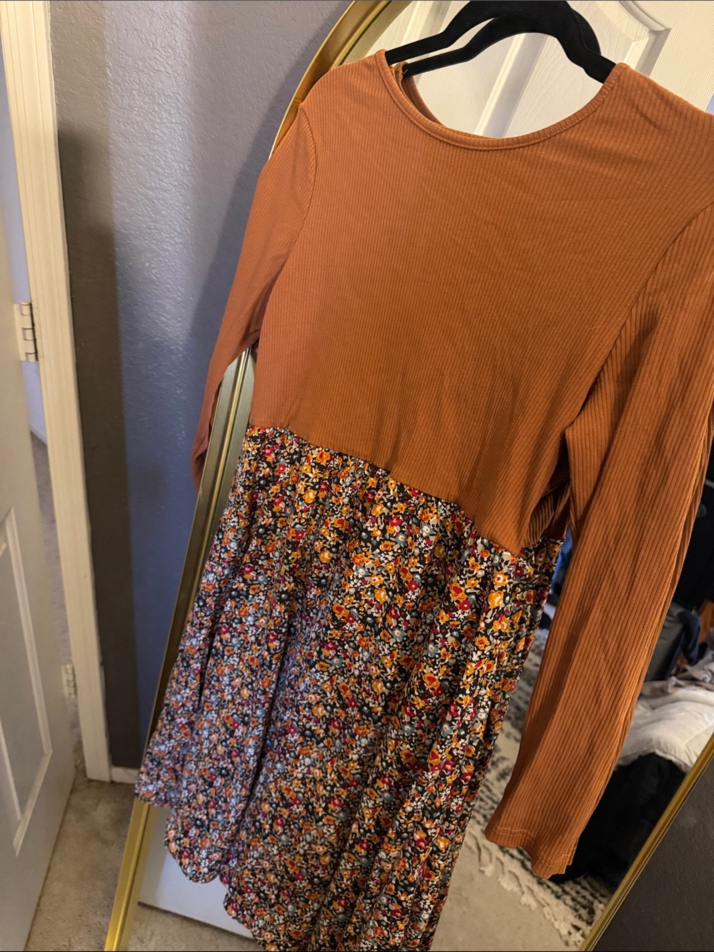 Rust Ribbed Top two tone Floral midi Dress